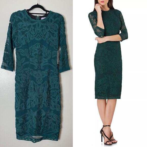 JS COLLECTIONS DRESS 6 GREEN FALL WEDDING GUEST LACE COCKTAIL SHORT FESTIVE - Picture 1 of 14